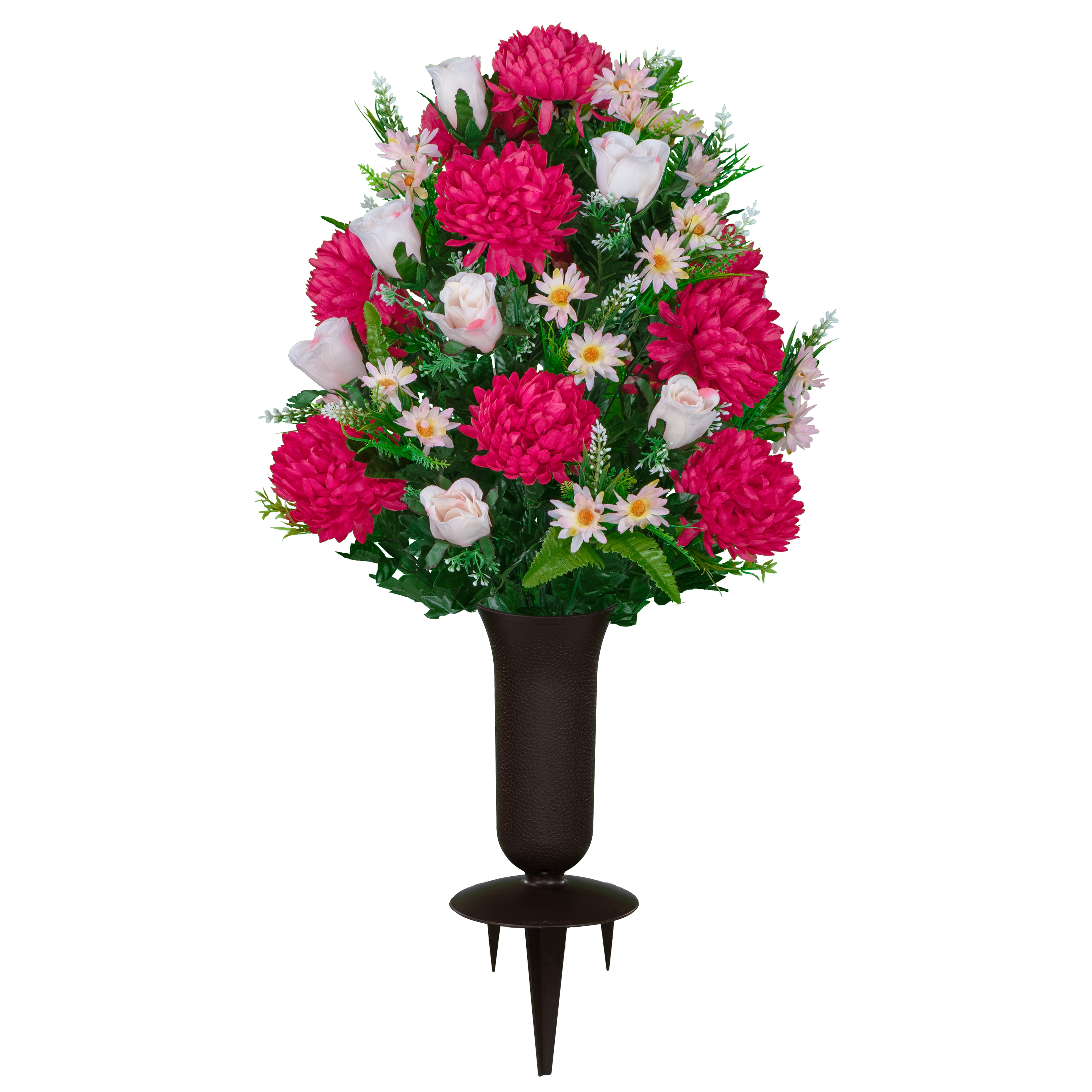 Sympathy Silks Artificial Cemetery Flowers Beauty Mums and Pink Roses Bouquet with Vase