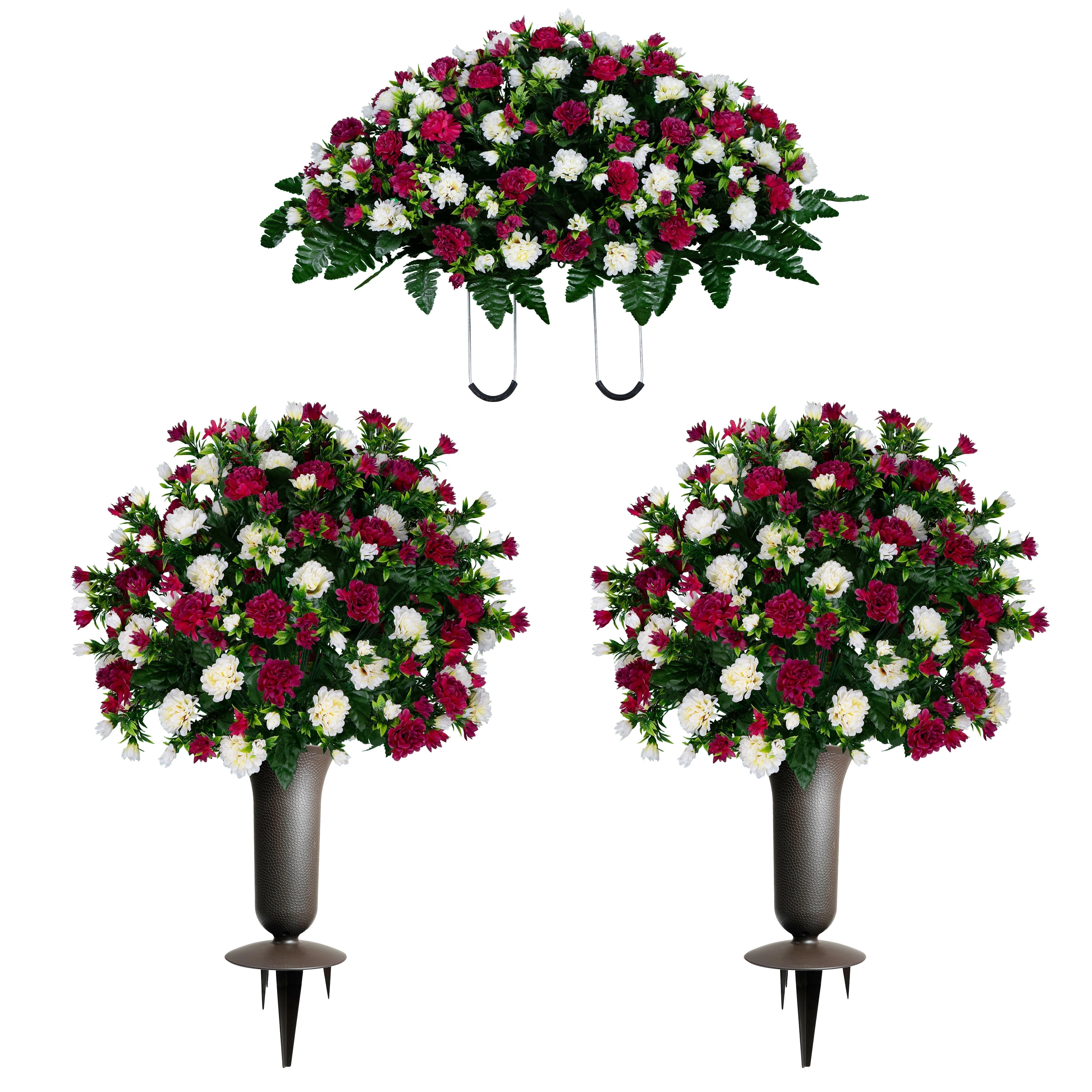 Sympathy Silks Artificial Cemetery Flowers Beauty and Cream Garden Mums 2 Bouquets & Saddle with Vases