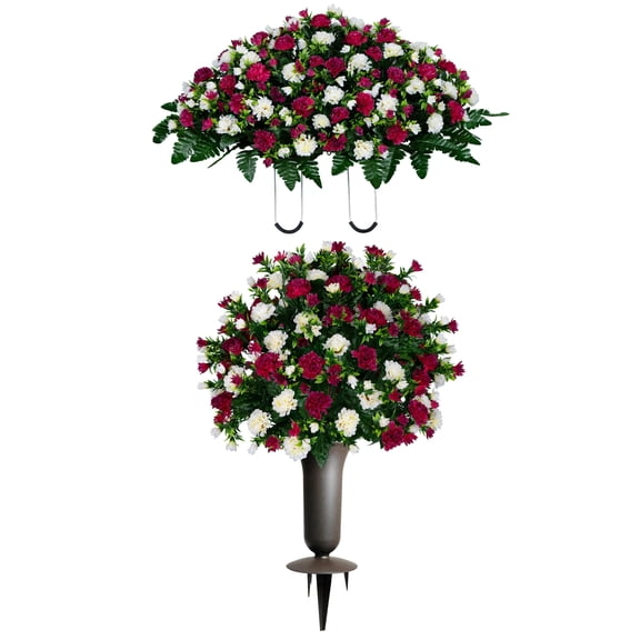 Sympathy Silks Artificial Cemetery Flowers Beauty and Cream Garden Mums Bouquet & Saddle with Vase