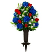Sympathy Silks Artificial Cemetery Flowers Blue Mum and Red Rose Bouquet with Vase