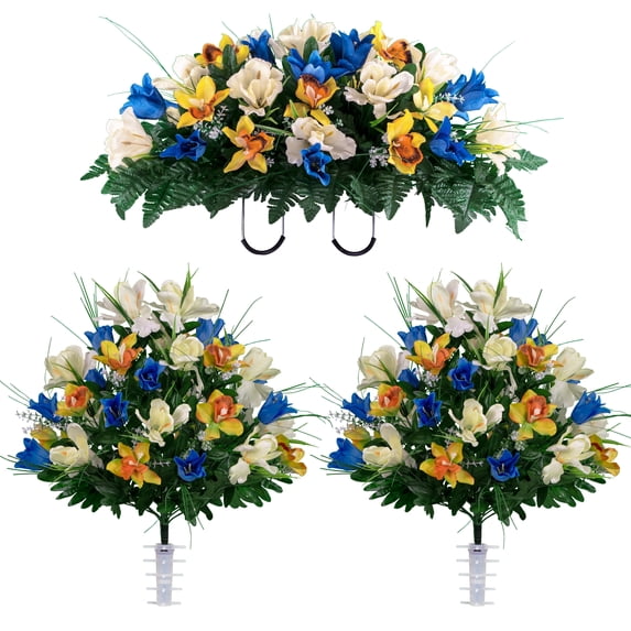 Sympathy Silks Artificial Cemetery Flowers Blue Tulips/Yellow Iris 2 Bouquets & Saddle