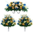 thumbnail image 1 of Sympathy Silks Artificial Cemetery Flowers Blue Tulips/Yellow Iris 2 Bouquets & Saddle, 1 of 6