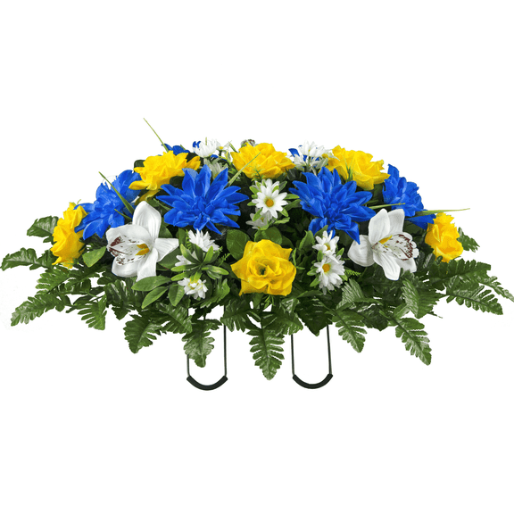 Sympathy Silks Artificial Cemetery Flowers - Blue and Yellow Orchid Mix - Saddle for Headstone