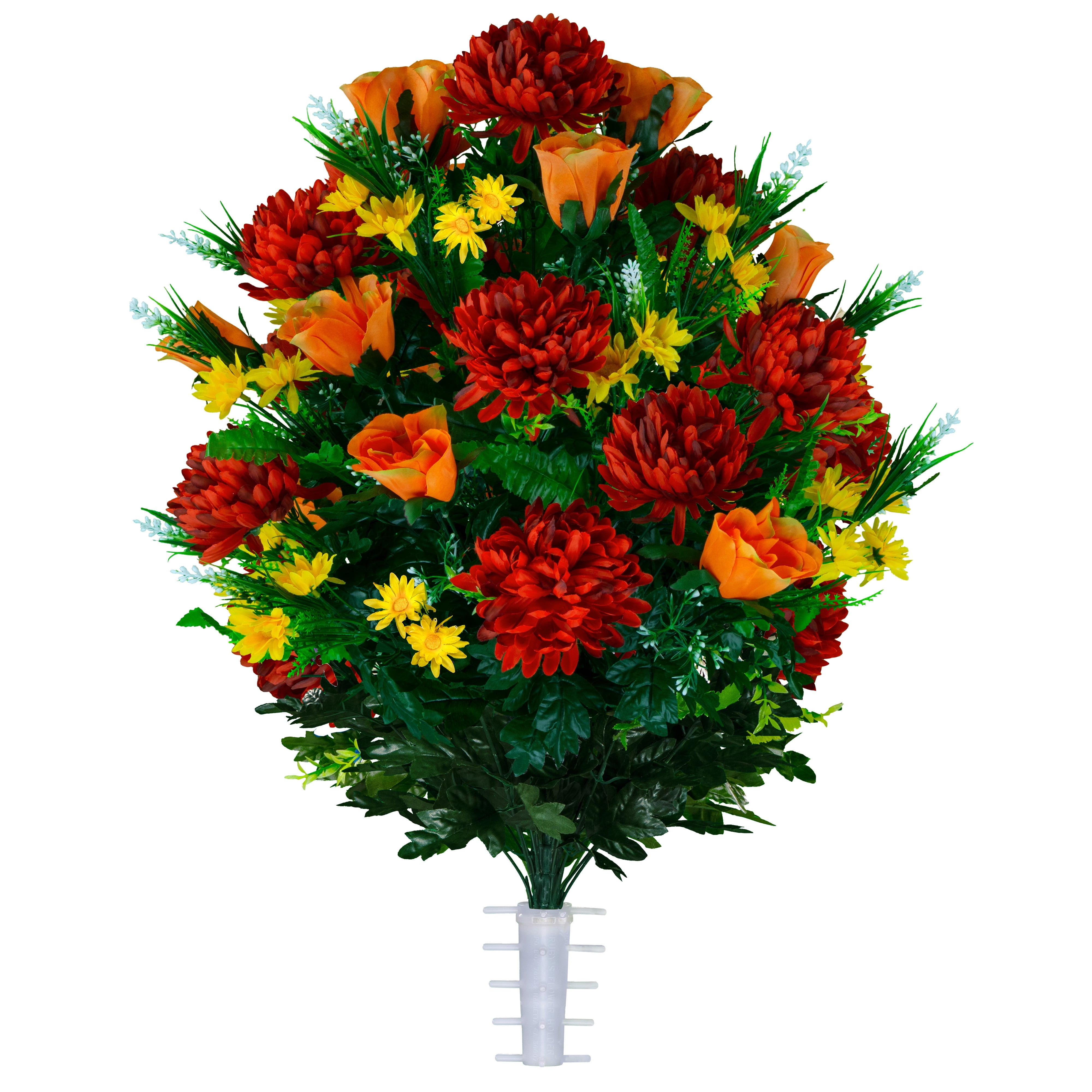 Sympathy Silks Artificial Cemetery Flowers Burgundy Mum and Orange Rose Bouquet for Outdoor Vase