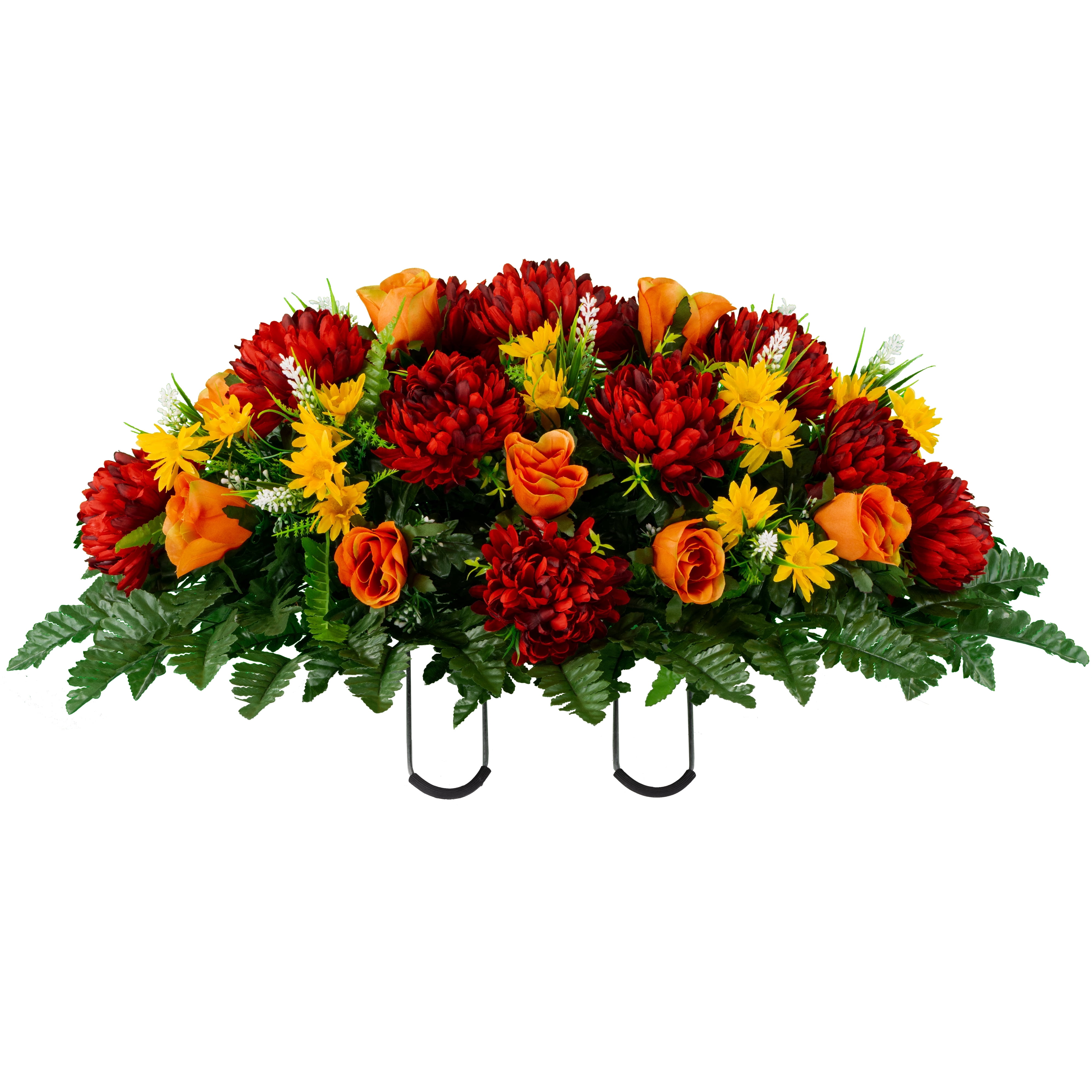 Sympathy Silks Artificial Cemetery Flowers - Burgundy Mum and Orange Rose Saddle for Headstone