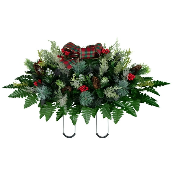 Sympathy Silks Artificial Cemetery Flowers Christmas Evergreen with Plaid Bow Saddle for Headstone