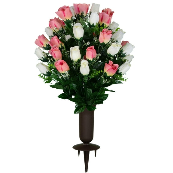 Sympathy Silks Artificial Cemetery Flowers Cream Pink Rose Bud with Vase
