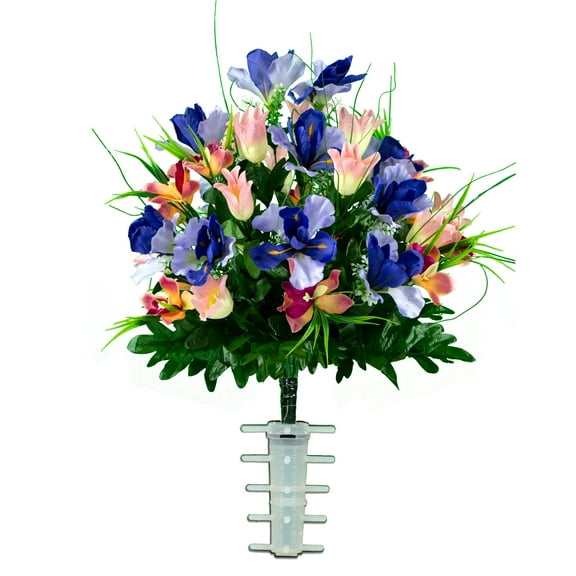 Sympathy Silks Artificial Cemetery Flowers Cream Pink Tulips/Purple Iris Bouquet