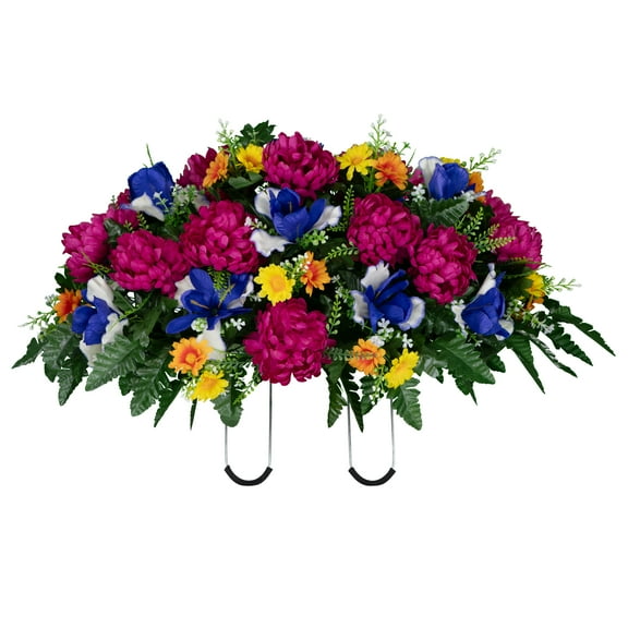 Sympathy Silks Artificial Cemetery Flowers - Fuchsia Mums with Blue Iris - Saddle for Headstone