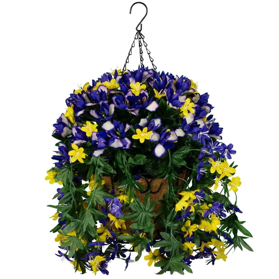 Sympathy Silks Artificial Purple Iris and Stargrass Wildflowers Hanging Basket, 24 in
