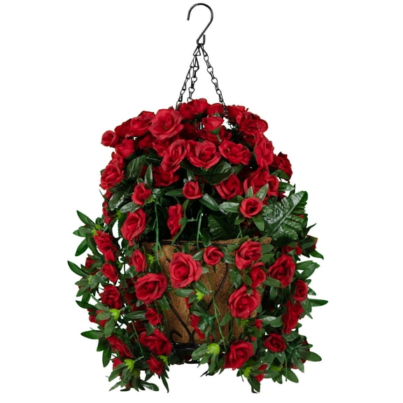 Sympathy Silks Artificial Cemetery Flowers - Hanging Basket with Red Roses