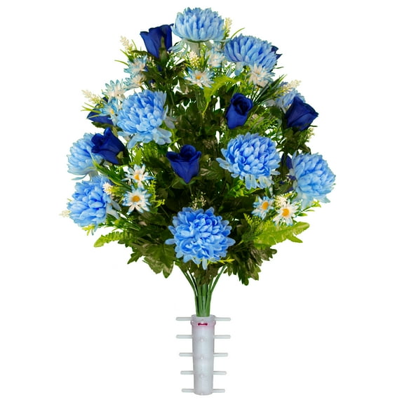 Sympathy Silks Artificial Cemetery Flowers -Light Blue Mum and Royal Blue Rose Bouquet