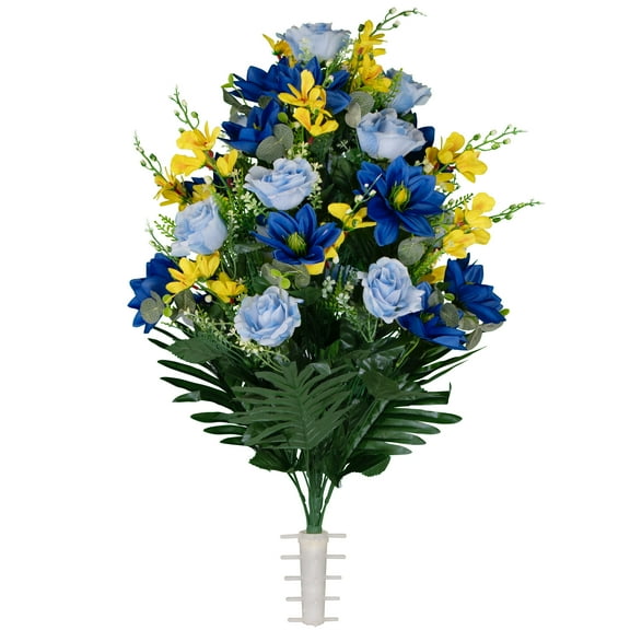 Sympathy Silks Artificial Cemetery Flowers Light Blue Roses and Blue Lotus