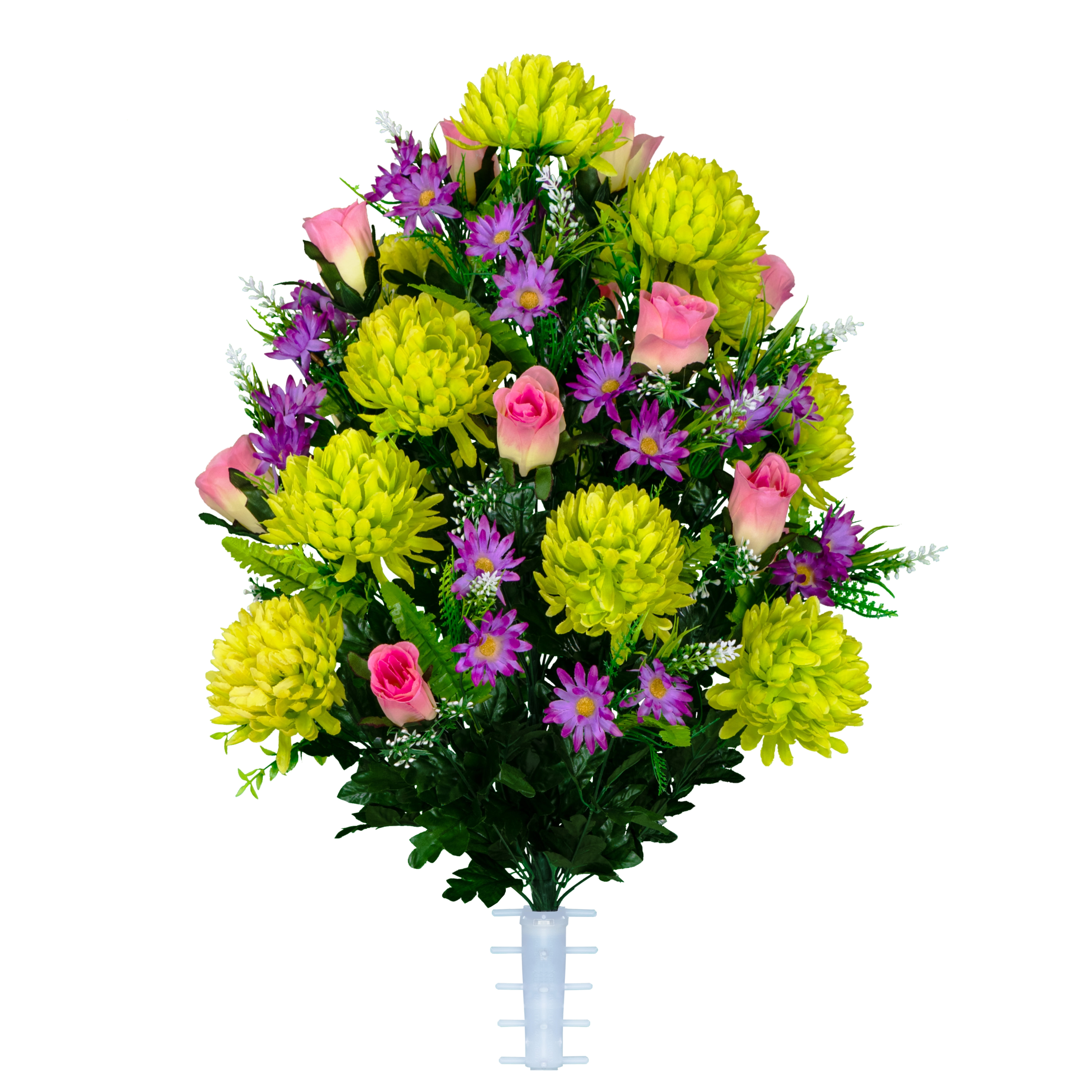 Sympathy Silks Artificial Cemetery Flowers -Lime Mum and Lavender Rose Bouquet