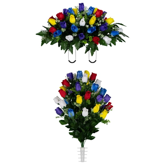 Sympathy Silks Artificial Cemetery Flowers Multi-Color Rose Buds Bouquet & Saddle