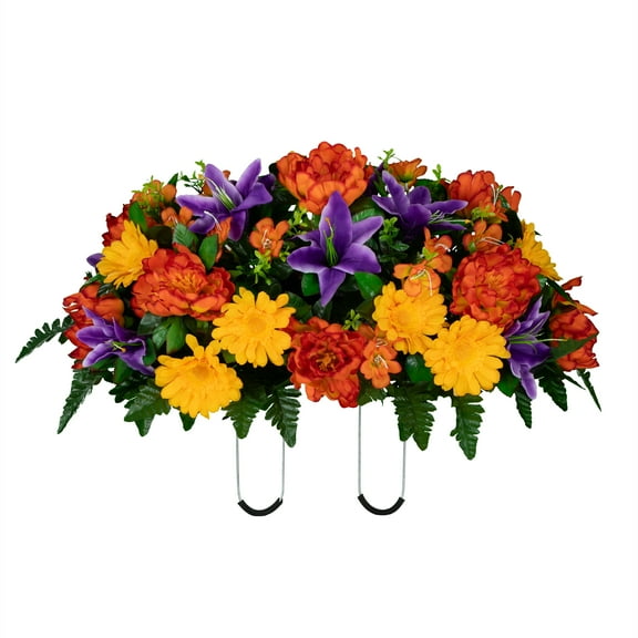 Sympathy Silks Artificial Cemetery Flowers - Orange Peony Purple Lilies Yellow Daisies - Saddle for Headstone
