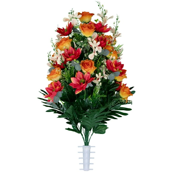 Sympathy Silks Artificial Cemetery Flowers Orange Roses and Vermillion Lotus