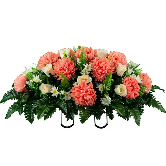 Sympathy Silks Artificial Cemetery Flowers - Peach Mum and White Rose Saddle for Headstone