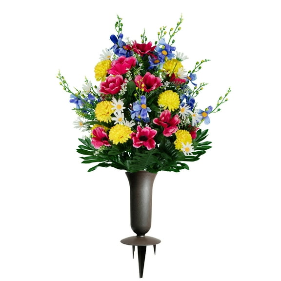 Sympathy Silks Artificial Cemetery Flowers Pink Anemone Garden Mix Bouquet with Vase
