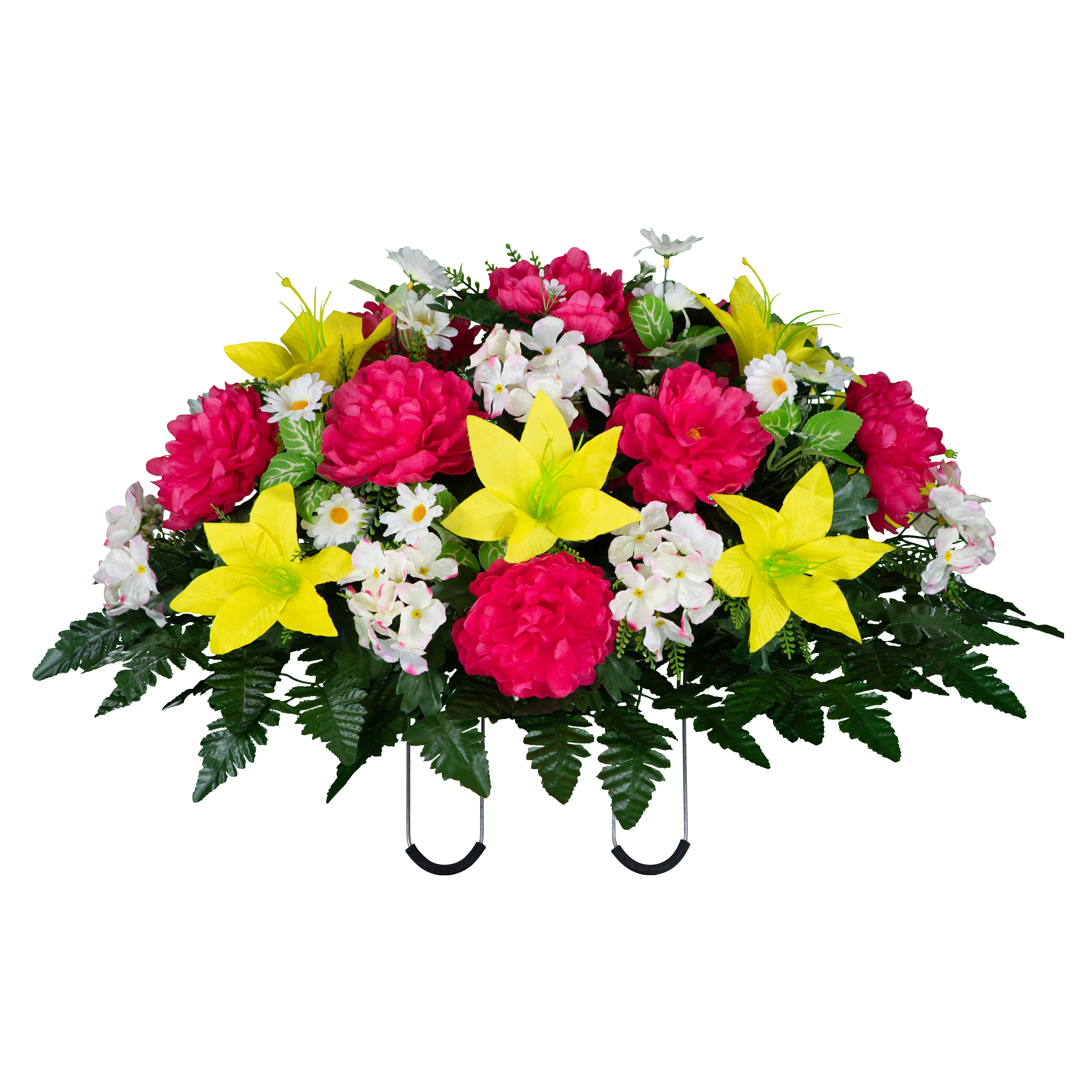 Sympathy Silks Artificial Cemetery Flowers Pink Peony and Yellow Lily Saddle for Headstone