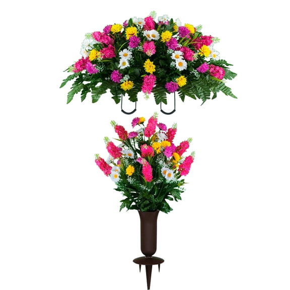 Sympathy Silks Artificial Cemetery Flowers Pink Yellow Wildflower Bouquet & Saddle with Vase
