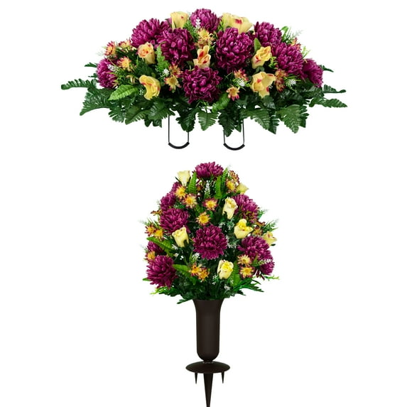 Sympathy Silks Artificial Cemetery Flowers Plum Mum and Cream Pink Rose Bouquet & Saddle with Vase