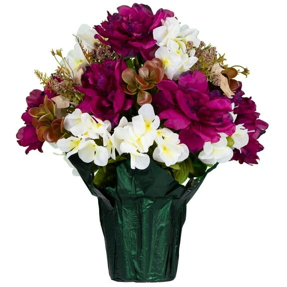 Sympathy Silks Artificial Cemetery Flowers Plum Peony and White Hydrangea Potted Silk