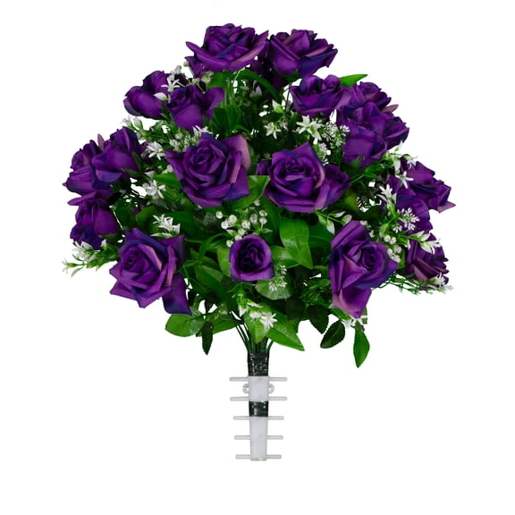 Sympathy Silks Artificial Cemetery Flowers - Purple Diamond Rose With Baby's Breath - Bouquet for Vase