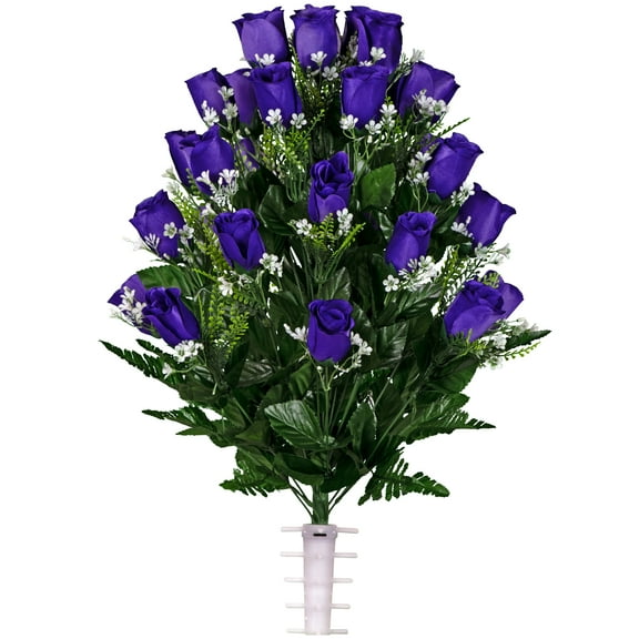 Sympathy Silks Artificial Cemetery Flowers - Purple Roses Bouquet for Outdoor Vase