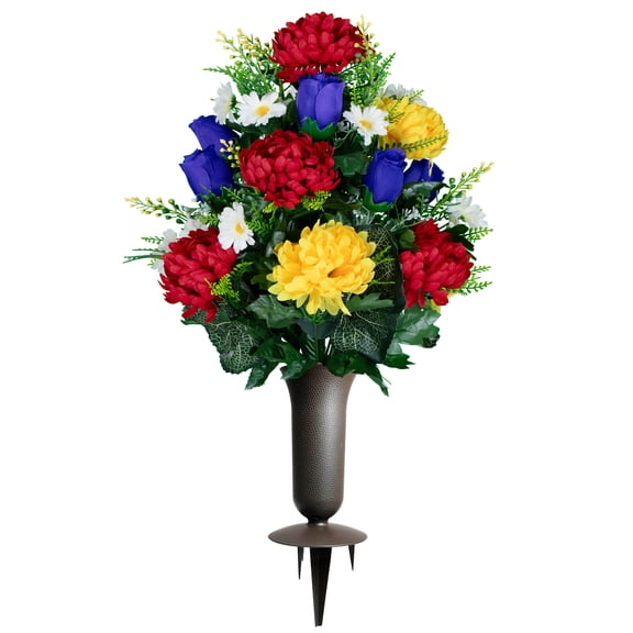 Sympathy Silks Artificial Cemetery Flowers Purple Roses with Red and Yellow Mums Bouquet with Vase