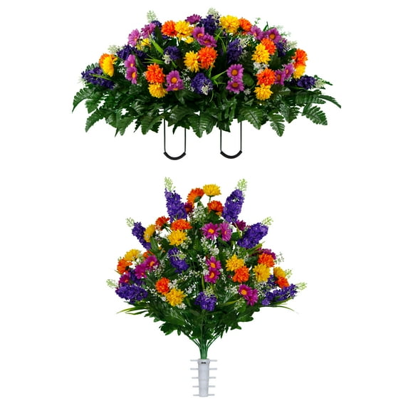 Sympathy Silks Artificial Cemetery Flowers Purple Violet Wildflower Bouquet & Saddle