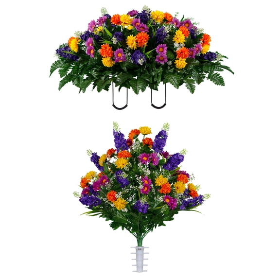 Sympathy Silks Artificial Cemetery Flowers Purple Violet Yellow Wildflowers Bouquet & Saddle