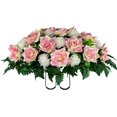 thumbnail image 1 of Sympathy Silks Artificial Cemetery Flowers - Realistic - Outdoor Grave Decorations - Non-Bleed Colors, and Easy Fit - Cream Pink Open Rose with White Mum Saddle for Headstone, 1 of 7