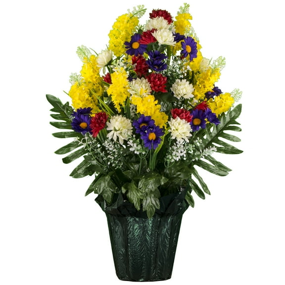 Sympathy Silks Artificial Cemetery Flowers - Yellow Red Purple Wildflower Potted Bouquet
