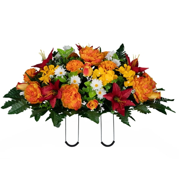 Sympathy Silks Artificial Cemetery Flowers - Red Lily and Sunrise Peony - Outdoor Saddle for Headstone