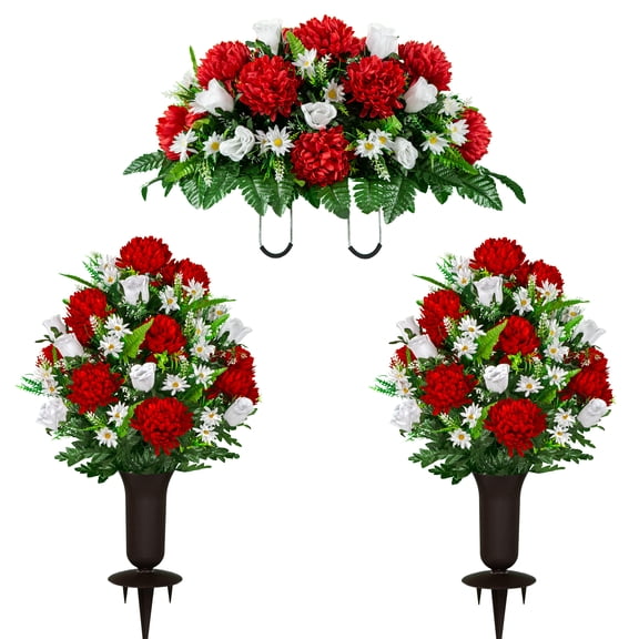 Sympathy Silks Artificial Cemetery Flowers Red Mum and White Rose 2 Bouquets & Saddle with 2 Vases