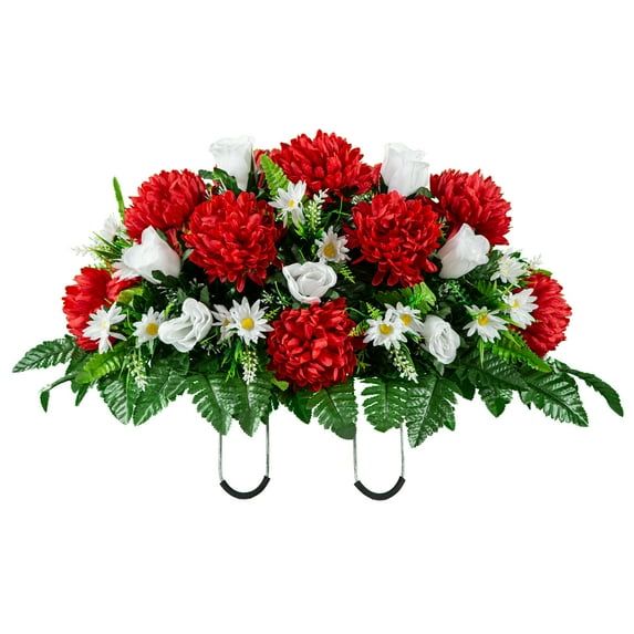 Sympathy Silks Artificial Cemetery Flowers - Red Mum and White Rose Saddle for Outdoor Headstone