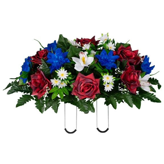 Sympathy Silks Artificial Cemetery Flowers - Red Open Roses White Orchids and Blue Dahlias - Outdoor Saddle for Headstone