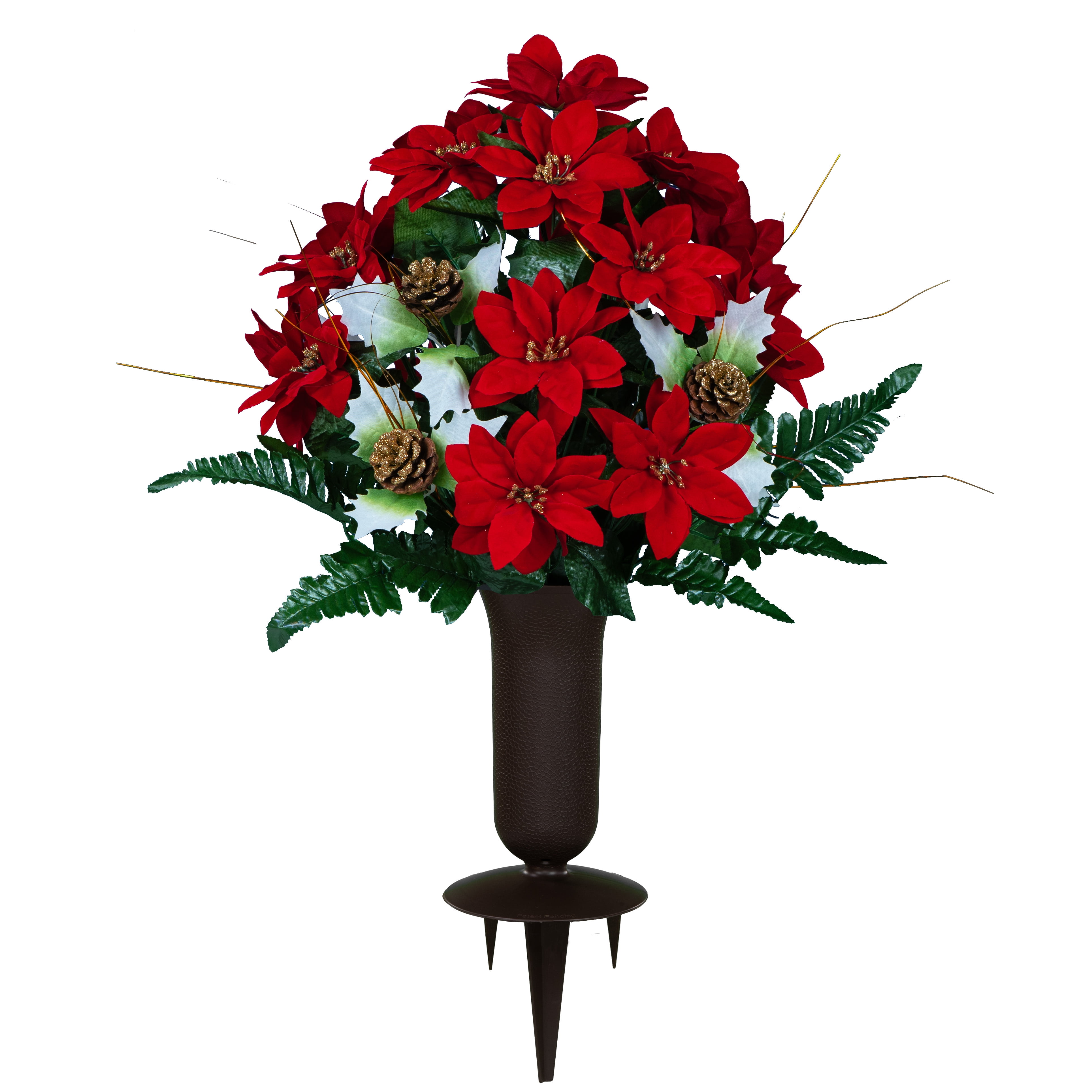 Sympathy Silks Artificial Cemetery Flowers Red Poinsettias with Glitter