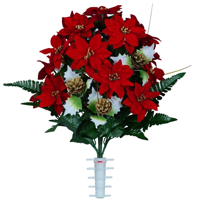 Sympathy Silks Artificial Cemetery Flowers Red Poinsettias with Glitter