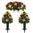 thumbnail image 1 of Sympathy Silks Artificial Cemetery Flowers Red Purple Yellow Orchid Mix 2 Bouquets & Saddle with Vases, 1 of 9