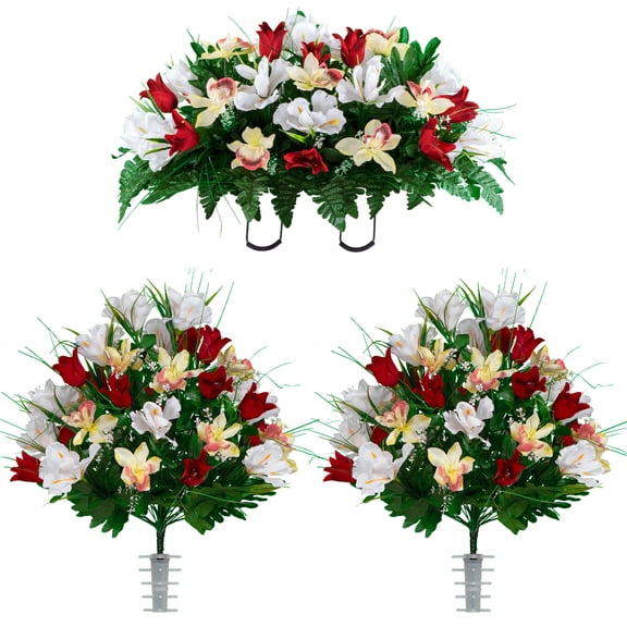 Sympathy Silks Artificial Cemetery Flowers Red Tulips/White Iris 2 Bouquets & Saddle