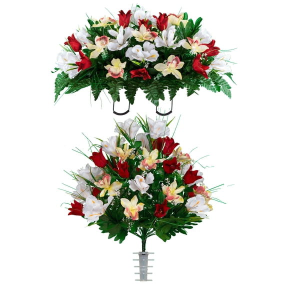Sympathy Silks Artificial Cemetery Flowers Red Tulips/White Iris Bouquet & Saddle