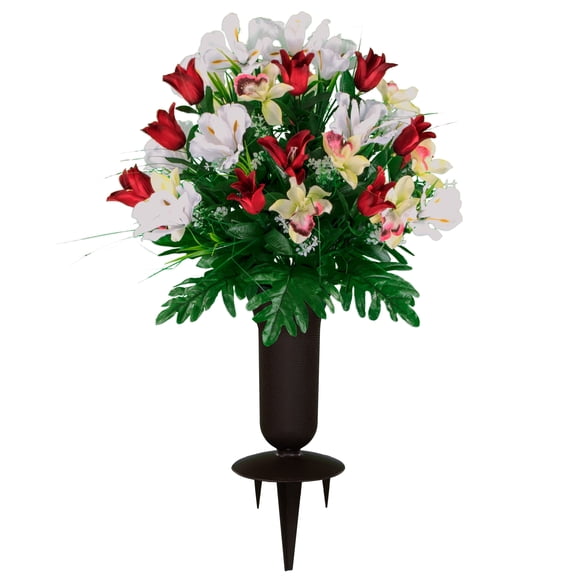 Sympathy Silks Artificial Cemetery Flowers Red Tulips/White Iris Bouquet with Vase
