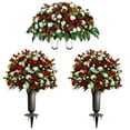 thumbnail image 1 of Sympathy Silks Artificial Cemetery Flowers Red and White Garden Mums 2 Bouquets & Saddle with Vases, 1 of 9