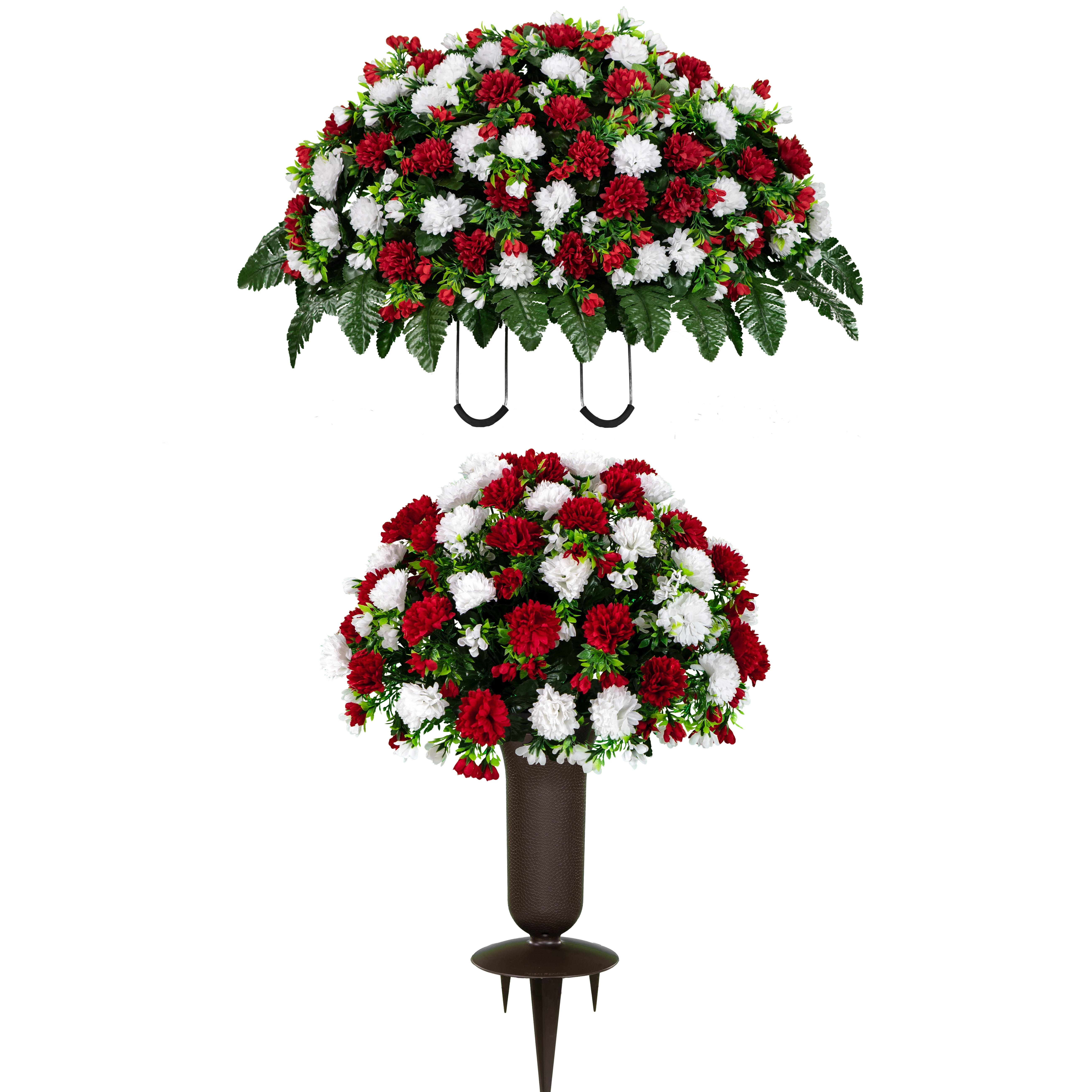 Sympathy Silks Artificial Cemetery Flowers Red and White Garden Mums Bouquet & Saddle with Vase