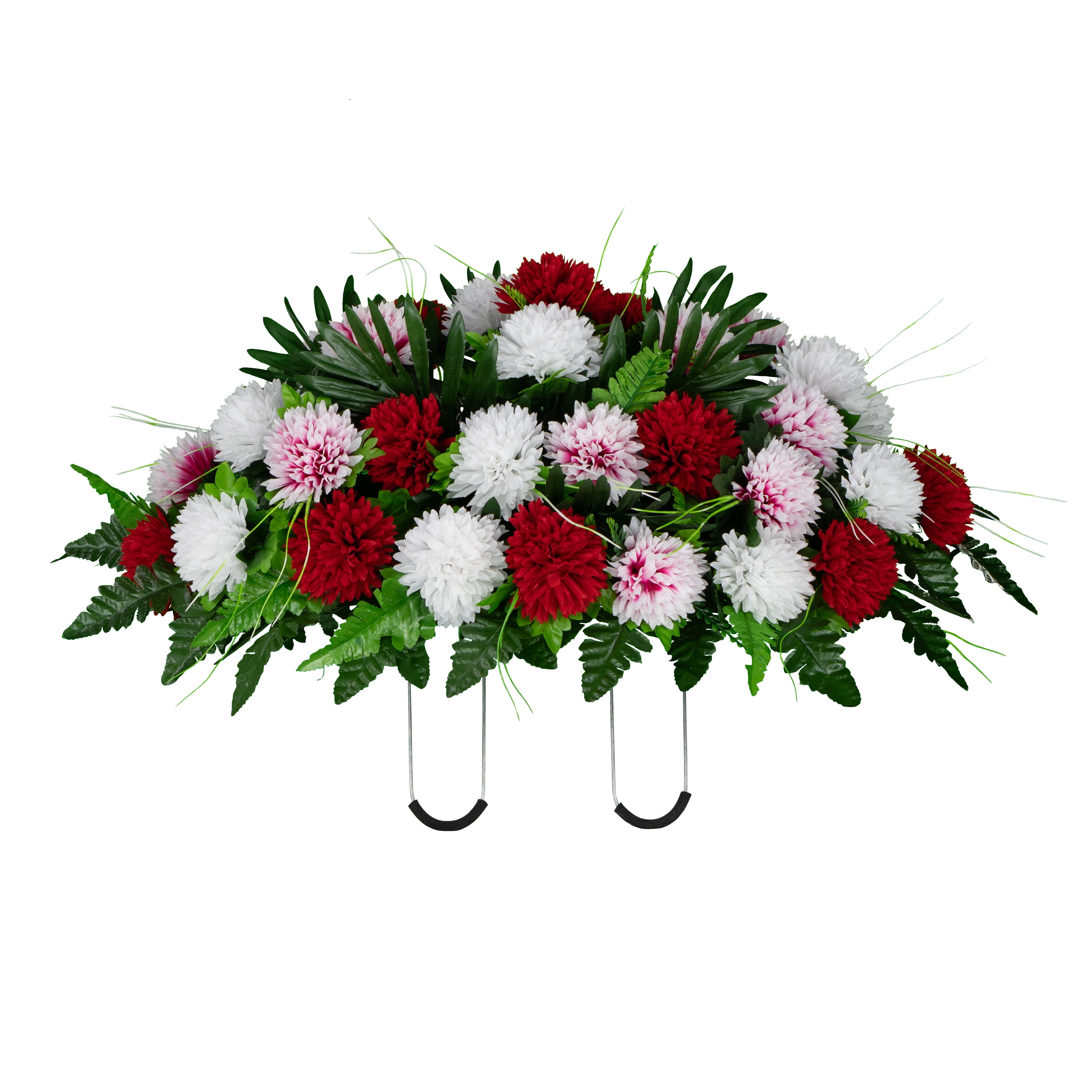 Sympathy Silks Artificial Cemetery Flowers - Red and White Mums - Saddle for Headstone