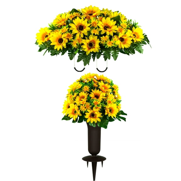 Sympathy Silks Artificial Cemetery Flowers-Sunflower Bouquet with Vase & Cemetery Saddle