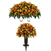Sympathy Silks Artificial Cemetery Flowers Sunset Orange Garden Mums Bouquet & Saddle with Vase