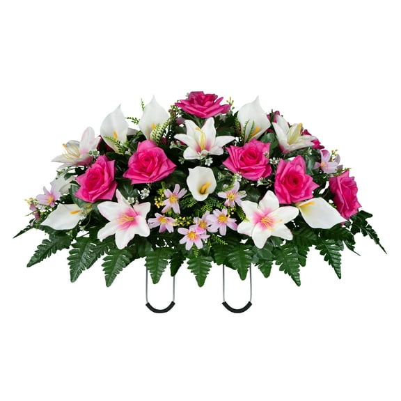 Sympathy Silks Artificial Cemetery Flowers White Calla Lily and Pink Rose Saddle for Headstone